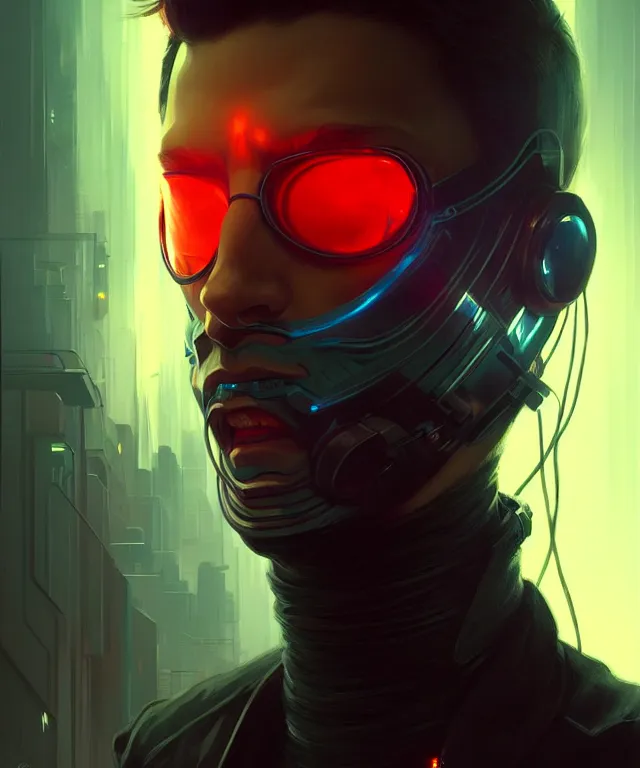 Image similar to Hacker cyberpunk man portrait, highly detailed, digital painting, artstation, concept art, smooth, sharp focus, illustration, art by artgerm and greg rutkowski and alphonse mucha