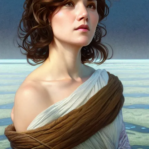 Image similar to full body portrait of a woman with short wavy hair, round face, cottagecore!!, lake water, intricate, enlightenment, highly detailed, digital painting, artstation, concept art, smooth, sharp focus, illustration, art by artgerm and greg rutkowski and alphonse mucha