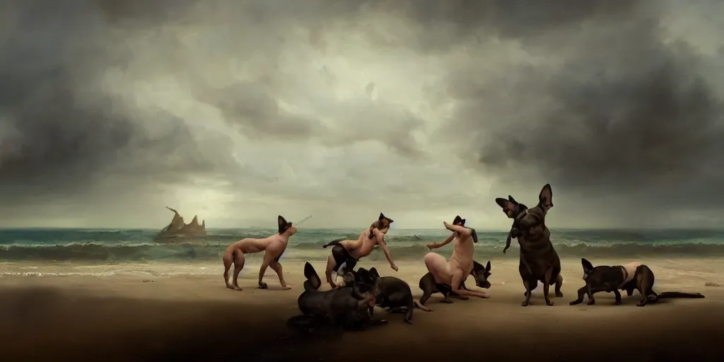 Prompt: french bulldogs playing on the beach, mythology, extremely detailed digital painting, in the style of dali, jheronimus bosch and ruan jia and jeremy lipking and peter mohrbacher, mystical colors, edge light, beautiful lighting, 4 k, stunning scene, ray tracing, octane, trending on artstation