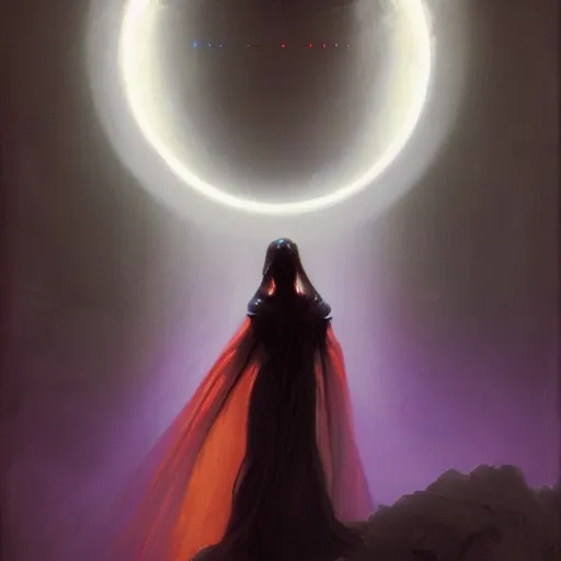 Prompt: concept art painting of beautiful figure the called the moonbow queen in a black cloak, a rainbow in the dark, colorful, by Michael Whelan, William Adolphe Bouguereau, and Donato Giancola, highly rendered, beautiful, cyberpunk, artstation, extremely moody lighting, glowing light and shadow, atmospheric, shadowy, cinematic, 8K