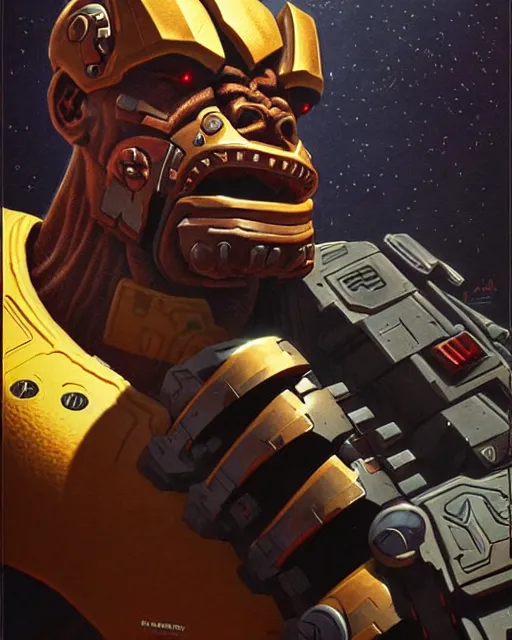 Prompt: doomfist from overwatch, aggressive expression, character portrait, portrait, close up, concept art, intricate details, highly detailed, vintage sci - fi poster, retro future, in the style of chris foss, rodger dean, moebius, michael whelan, and gustave dore