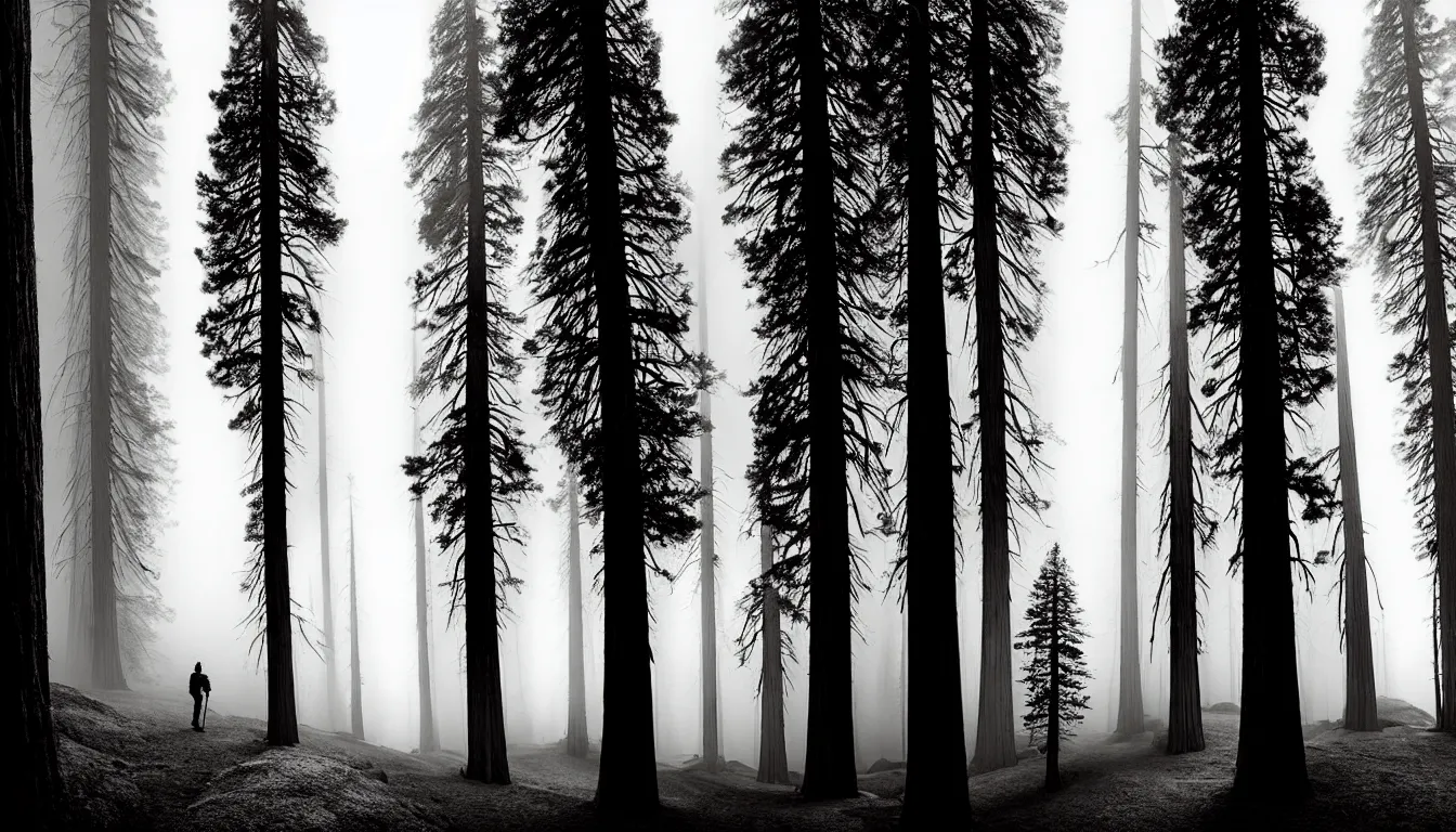 Prompt: hiking past giant sequoias by mads berg, karolis strautniekas, film noir, stippled light, dramatic lighting, editorial illustration, detailed, fine texture, matte print,