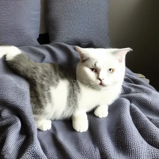 Prompt: bicolor gray and white Scottish Fold English Shorthair mix. napping cat on comforter. cozy scene. beautiful anime by studio ghibli.