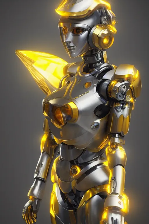 Image similar to maria of metropolis, humanoid robot, golden full body armor, beautiful helmet in the shape of a face, cyborg eyes glowing yellow, scifi, futuristic, raytracing, glowwave, sharp focus, cinematic lighting, artstation, divine, unreal engine 5 rendered, by fritz lang, art style by pixar warner bros dreamworks disney riot games and overwatch