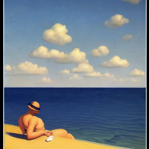 Prompt: a dream-vacation in the tropical beach by Raphael, Hopper, and Rene Magritte. detailed, romantic, enchanting, trending on artstation.