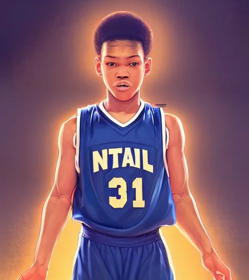Prompt: portrait of a boy at a basketball court playing basketball wearing a basketball uniform in a basketball court, poised, intense emotion, detailed facial expression, detailed surroundings, perfect basketball, intricate, elegant, highly detailed, centered, digital painting, artstation, concept art, smooth, sharp focus, illustration, by Peter Mohrbacher, WLOP