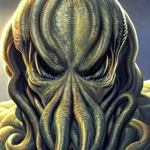 Image similar to ultra - realistic portrait painting of cthulhu. art by larry elmore. 4 k. ultra - realistic. highly detailed. epic lighting