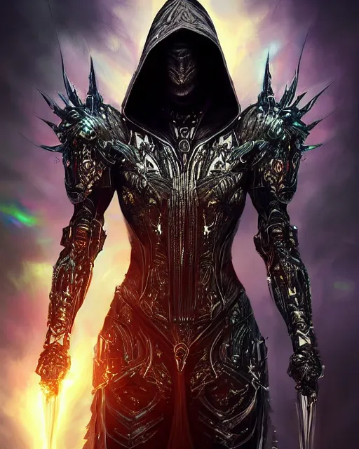 Prompt: the omnipotent assassin, vivid award winning digital artwork, intricate black sharp iridescent hooded semi - cybernetic armour, beautiful iridescent colors technology and weapon, long symmetric spikes, glowing face, athletic, detailed realistic, specular colors, ornate colored gems, character art by greg rutkowski and wlop and artgerm
