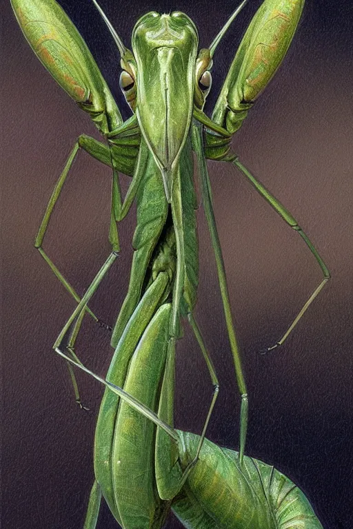 Image similar to portrait of a praying mantis alien, by giancola, very detailed art, elegant, sophisticated, high resolution, smooth