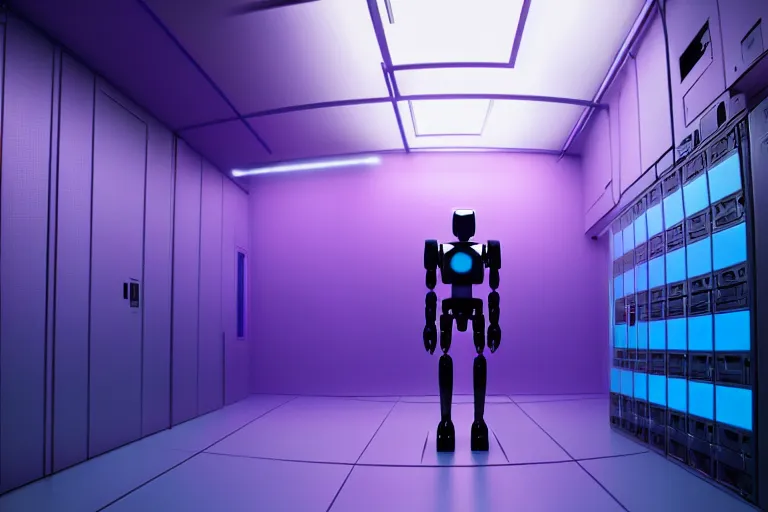 Image similar to humanoid robot in a server room, purple and blue color scheme, dan mumford, inception, blade runner, the fifth element, fisheye, volumetric octane render, by ruan jia and ross tran, malevich