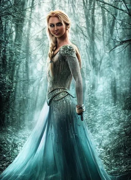 Prompt: Beautiful elsa, Looks like Britney Spears, In the woods, Dramatic, Edge, Good, Infused, Backlight, De-Noise, VFX, insanely detailed and intricate, hypermaximalist, elegant, ornate, hyper realistic, super detailed