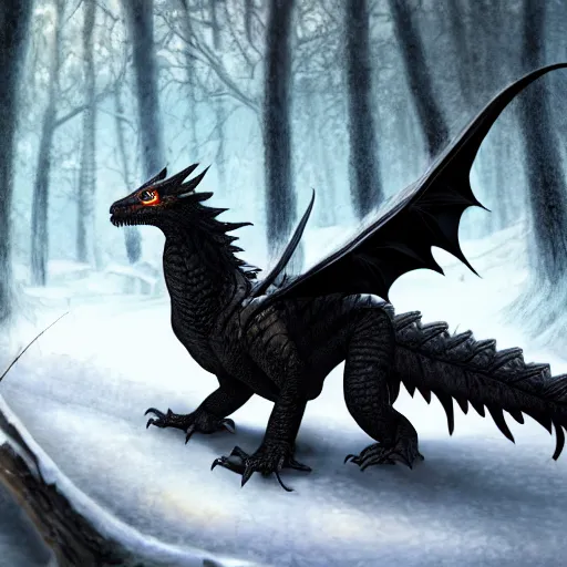 Image similar to handsome cute black dragon in snowy forest, dnd character, background focus, fantasy, magic, realistic textured skin, hawk feather, hawk wings, lizard legs, lizard pose, big eyes, clear clean, by lya kushinov, Avetetsuya Studios, Alexandra Fomina artstation, by Makoto Shinkai, digital 2D, matte painting