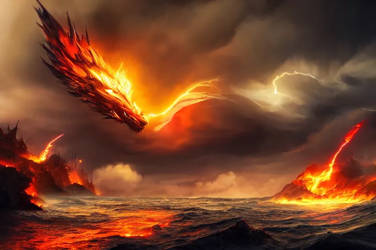 Image similar to fire dragon with lightnings and smoke is fighting against giant water monster with huge waves, dramatic fire lighting, CGsociety, full length, exquisite detail, post-processing, masterpiece, volumetric lighting, cinematic, hypermaximalistic, high details, cinematic, 8k resolution, beautiful detailed, insanely intricate details, sharp edges, smooth focus, low angle, tilted