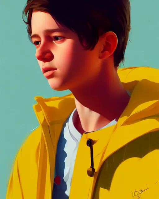 Prompt: stylized portrait of an artistic pose, composition, young kid with a yellow raincoat, standing in an empty steet, realistic shaded, fine details, realistic shaded lighting poster by ilya kuvshinov, magali villeneuve, artgerm, jeremy lipkin and michael garmash and rob rey