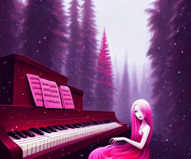 Prompt: a painting of a beautiful face gothic girl, pink hair in a stunning red dress playing a piano in the dark snowy forestby yoshitaka amano and alena aenami, cg society contest winner, retrofuturism, matte painting