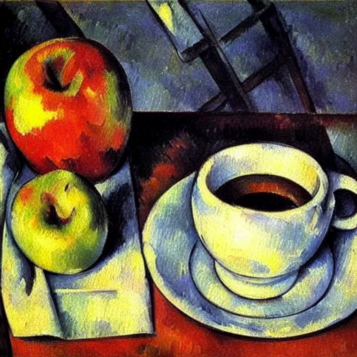 Image similar to Still life oil painting of an apple and a mug of coffee on a school desk, Paul Cezanne, 1895, award-winning, realistic, oil painting, dynamic lighting