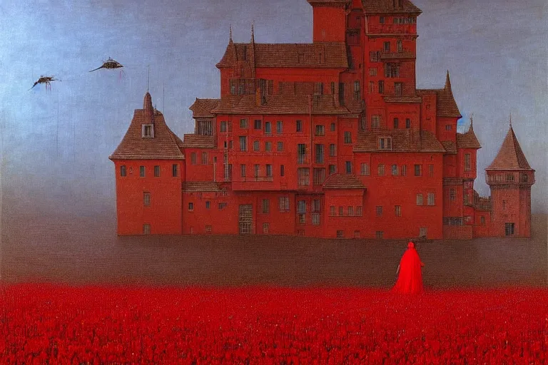 Image similar to only with red, red flowers of different types, a red tiger, a castle in the background, medieval demons dance over the flowers, an ancient path, in the style of beksinski, part by hopper, part by rodcenko, part by hofbauer, intricate composition, red by caravaggio, insanely quality, highly detailed, masterpiece, red light, artstation