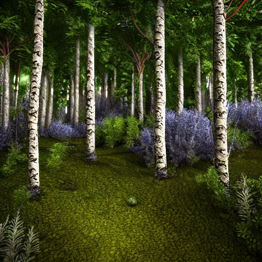 Prompt: artistic knee height render of blueberry bushes in a forest. Digital art. 4K. Unreal engine. Trending on artstation. Highly detailed.