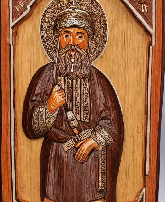 Image similar to orthodox wood carving of a paladin