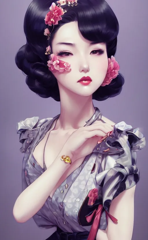 Image similar to a pin up and beautiful fashion and charming and dreamlke japan girl with lv jewelry, character art, art by artgerm lau and kyoung hwan kim and and ilya kuvshinov and john singer sargent, hyperdetailed, 8 k realistic, symmetrical, frostbite 3 engine, cryengine, dof, trending on artstation, digital art