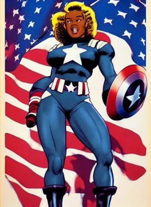 Image similar to beautiful black female captain america. afro - feminist captain america wins wwii. american wwii propaganda poster by carole feuerman, masamune shirow, rob liefeld and pixar. gorgeous face. pin up model. overwatch, realistic