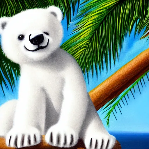 Prompt: cute fluffy white polar bear cub on beach landscape with palm trees detailed painting 4k