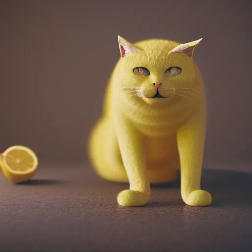 Prompt: yellow cat with the texture of a lemon, dslr, 8 k, octane beautifully detailed render, silly mood, cinematic lighting, detailed photo, masterpiece, volumetric lighting, ultra realistic, highly detailed, high quality, lossless, photorealistic