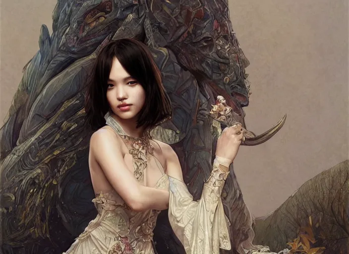 Image similar to beautiful kiko mizuhara, full body, d & d, fantasy, intricate, elegant, highly detailed, digital painting, artstation, concept art, smooth, sharp focus, illustration, art by artgerm and greg rutkowski and alphonse mucha