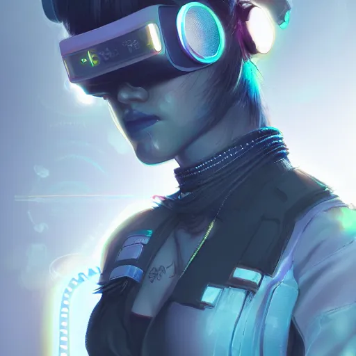 Prompt: a full body illustration of an asian female cyberpunk character wearing VR goggle implants, highly detailed, soft lighting, neon pastel colors, by WLOP, Guweiz, and Greg Staples, HD, 4K