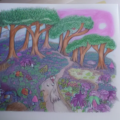 Image similar to Whimsical forest, in the style of studio ghibli, hand drawn