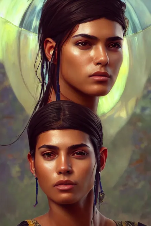 Prompt: photorealistic portrait of a young butch solarpunk cuban woman, handsome, female, masculine, upper body, fantasy, fierce, sharp features, intricate, elegant, highly detailed, digital painting, artstation, concept art, matte, sharp focus, illustration, art by artgerm and greg rutkowski and alphonse mucha