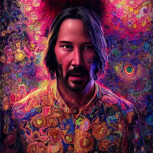 Image similar to portrait of keanu reeves, hyper detailed masterpiece, neon floral pattern, jean giraud, digital art painting, darkwave goth aesthetic, psychedelic, artgerm, donato giancola and tom bagshaw