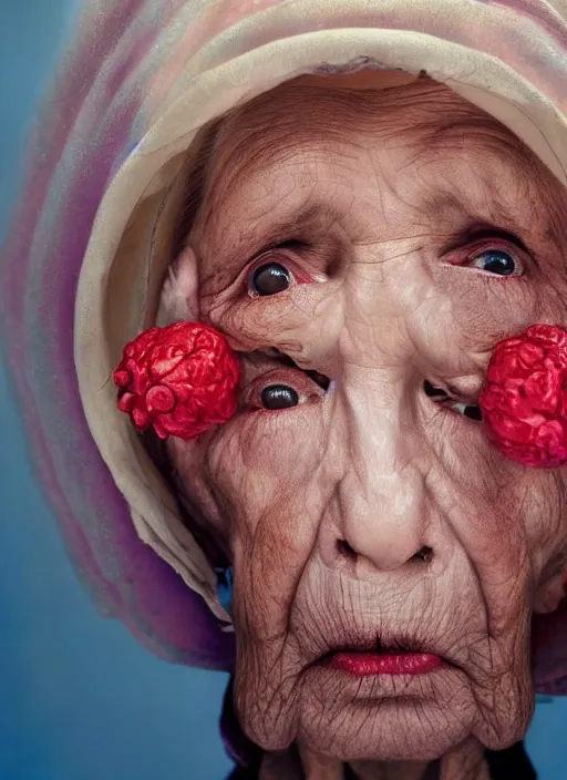 Image similar to an old woman with a weird look on her face, a surrealist painting by Martin Schoeller, shutterstock contest winner, pop surrealism, angelic photograph, stock photo, photoillustration