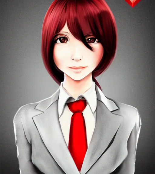 Prompt: a girl wearing a business suit and a red necktie, digital painting, hd, smooth, elegant, anime art, Tran Ross