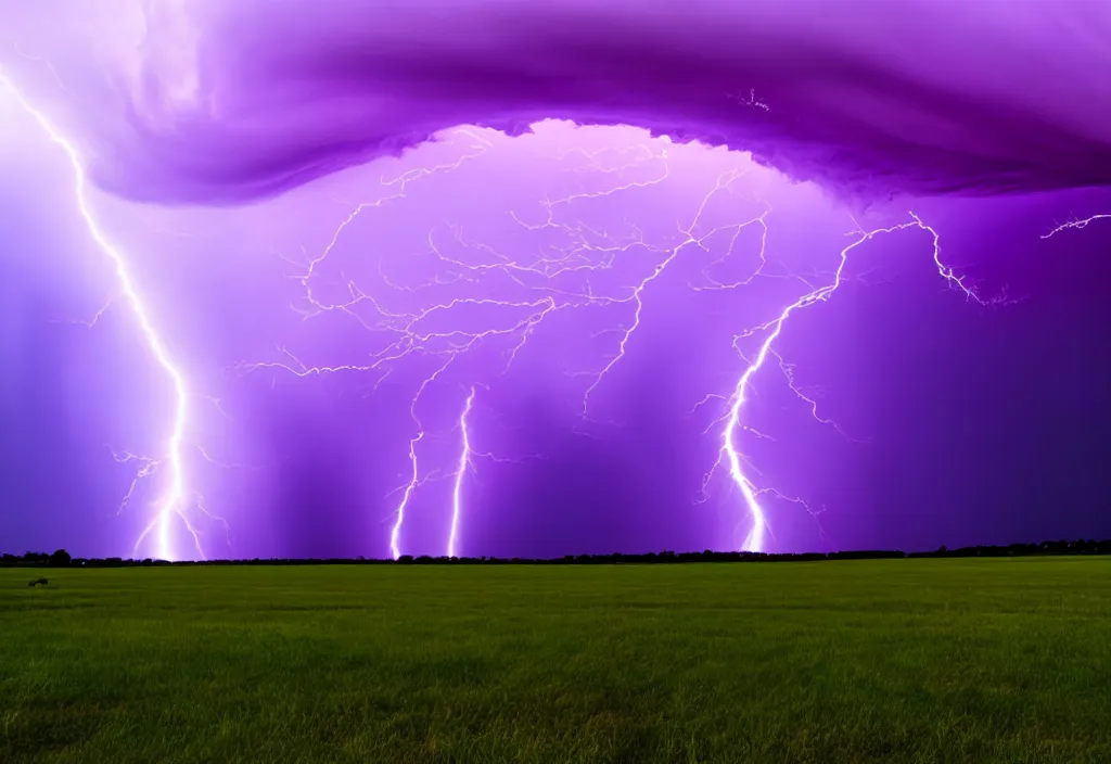 Image similar to purple color lighting storm with a tornado on the ground