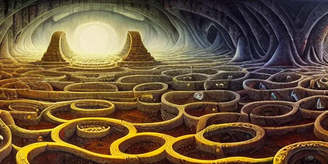 Image similar to painting of a ancient labyrinth in the style of nebulapunk by dan seagrave and tomasz alen kopera