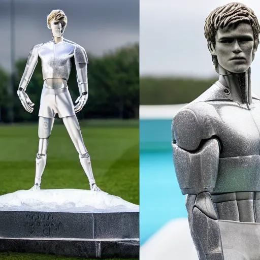 Image similar to a realistic detailed photo of a guy who is an attractive humanoid who is half robot and half humanoid, who is a male android, soccer player martin ødegaard, shiny skin, posing like a statue, blank stare, by the pool, on display, showing off his muscles, humanoid robot, frozen ice statue