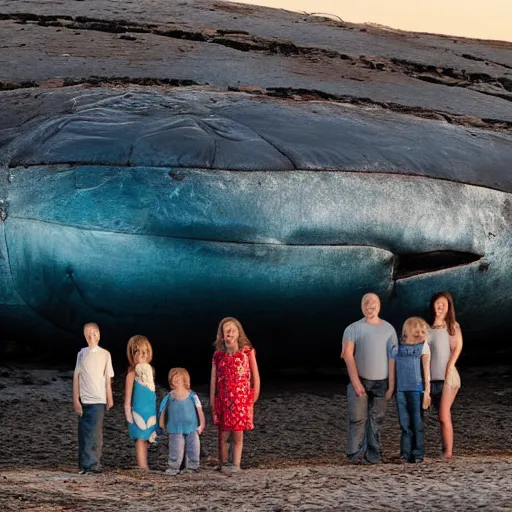 Image similar to family photograph in front of a decaying beached whale, dawn light, high resolution, dramatic
