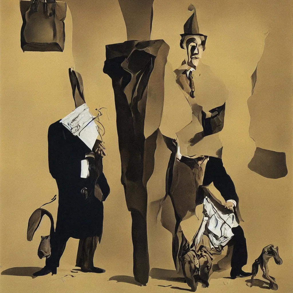 Image similar to Man in a business suit with a bag covering his head, by Salvador Dali