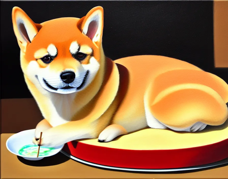 Image similar to a photorealistic painting of a shiba inu as a japanese cheesecake, acrylic, oil on canvas, highly detailed, pretty