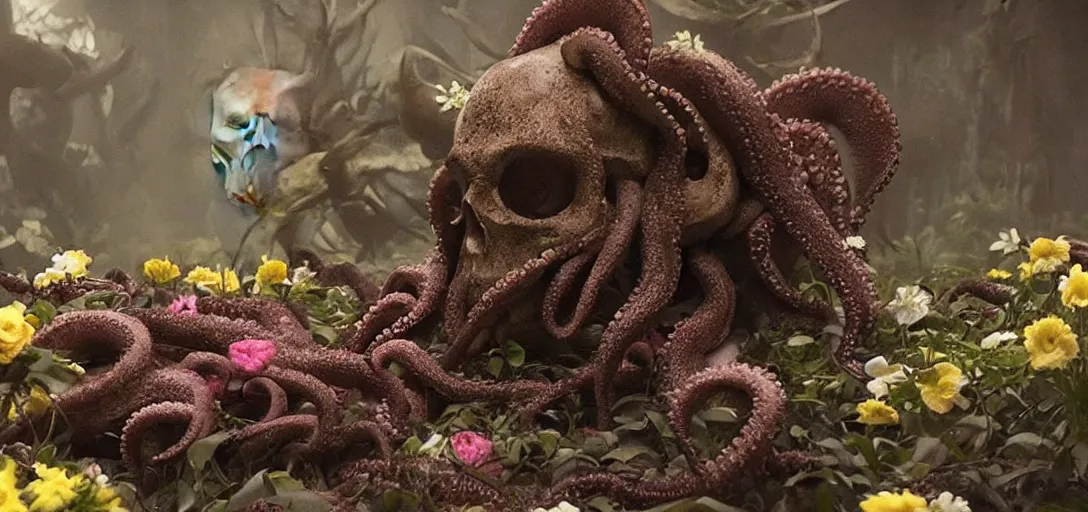 Prompt: an octopus in the shape of a skull surrounded by flowers at midnight, foggy!, cinematic shot!, photo still from movie by denis villeneuve, wayne barlowe