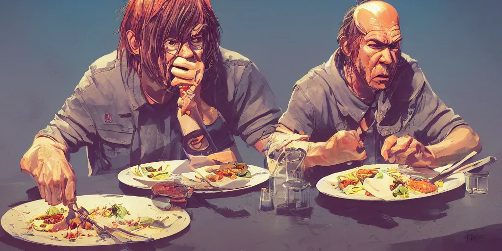 Image similar to cartoonish neil young eating dinner, vivid colors, character sheet, fine details, concept design, contrast, kim jung gi, greg rutkowski, trending on artstation, 8 k, full body, turnaround, front view, back view, ultra wide angle