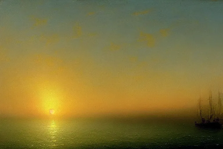 Prompt: painting of beautiful ocean on sunset by ivan aivazovski