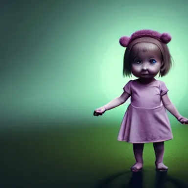 Image similar to in the background: blurry Eldritch horrors. In the foreground: a small toddler girl holding a teddy bear. hyperrealistic, well composed, 3D, 8K, digital art, award-winning