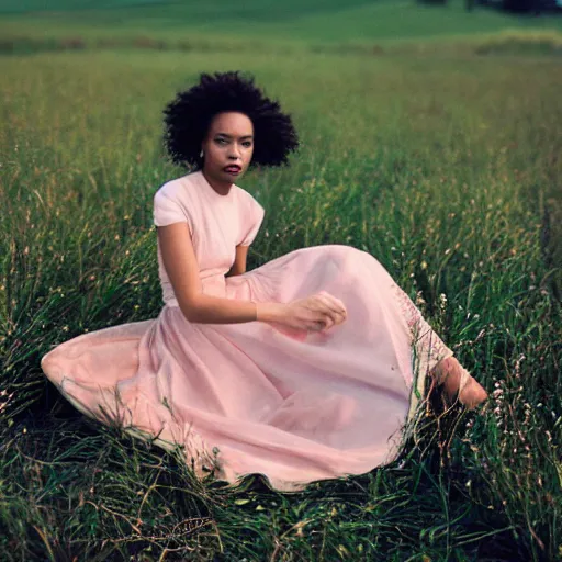 Image similar to realistic!!! photoshoot for a new dior lookbook, color film photography, portrait of a beautiful woman, location on a open field, in style of tyler mitchell, 35mm