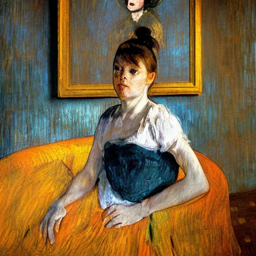 Prompt: palette knife oil painting portrait of a girl in a room, film still by goya, by henri de toulouse - lautrec, extreme detail, liminal aesthetic, octane, substance, art history 8 k, art nouveau