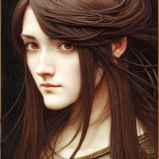 Image similar to Masterpiece head and shoulders portrait of a female Kazuto Kirigaya Kirito, young woman with brown long hair and bangs and wearing a long black coat breast-armor showing through, face, fantasy, intricate, elegant, highly detailed drawn by Donato Giancola and Fernanda Suarez and Artem Demura, face by Artgerm and Edmund Leighton, Alphonse Mucha, background by James Jean and Gustav Klimt, 4k, porcelain skin, komorebi, french nouveau, trending on pixiv, octane render, hyperrealistic