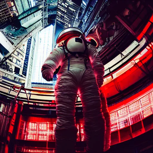 Image similar to color photo of fit man going in spacesuit in cyberpunk city in red and white light from ground level fisheye, cyberpunk, hyper detailed, old camera - H 1280 - 720