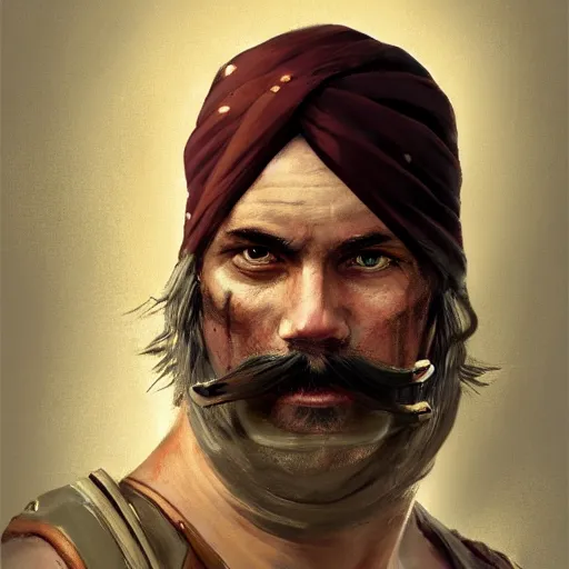 Image similar to portrait old vice barbarian warrior with trucker mustache and bandana, 8 k, trending on art station, by tooth wu and greg rutkowski