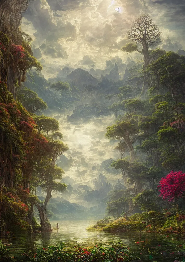 Prompt: beautiful hyper realistic detailed matte painting of fantasy tree of life in the middle of lake in garden of eden, hdr, by Moebius and John Howe and Albert Bierstadt and Alena Aenami, ultra detailed, high resolution